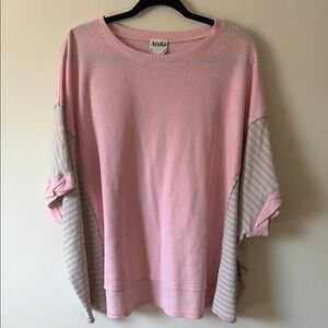 ARULA Pink Short Sleeve Ribbed Top with Striped Sleeves